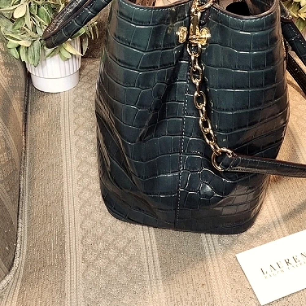 Lauren Ralph Lauren Black Croc-Embossed Patent Satchel with Crest - Picture 5 of 16